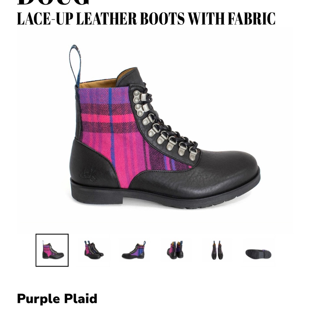 John Fluevog The Radio 2.0 Black and Purple Plaid Lace-Up Boots